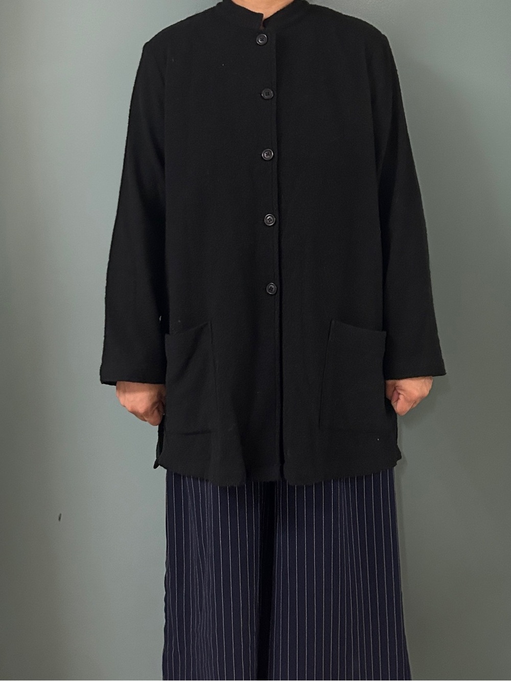 Women’s Black Button-Front Trench Coat with Patch Pockets